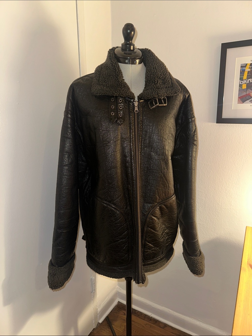Black Shearling-Lined leather Bomber Jacket
